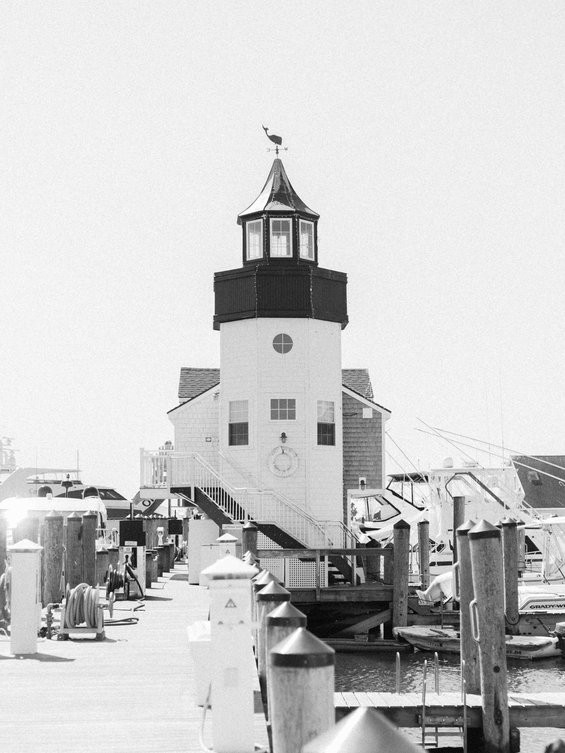 A lighthouse and hotel suite on the docks at Saybrook Point Marina